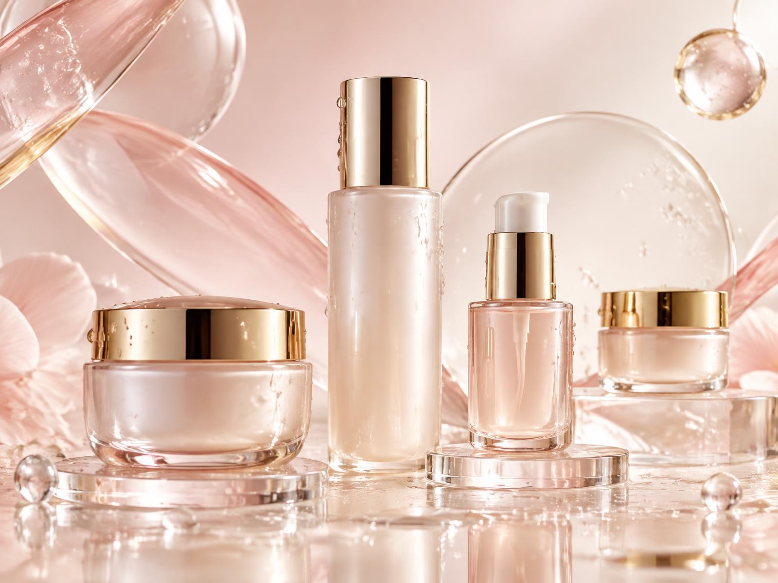 Korean Glass skincare bottles and jars on a pearl surface